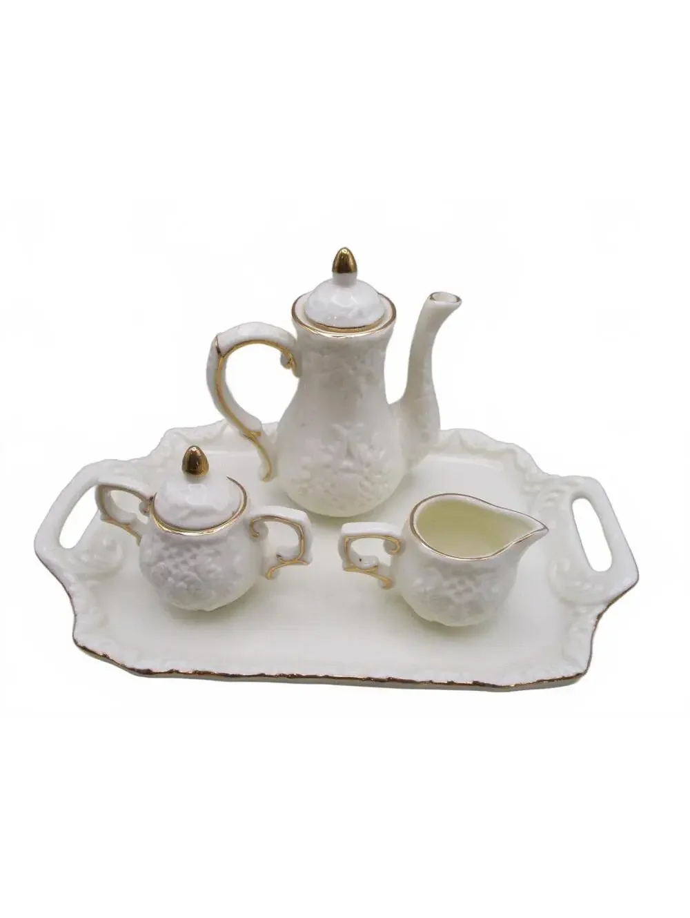 Vintage Formalities by Baum Brothers Miniature Porcelain Tea Set Ivory Gold 10pc